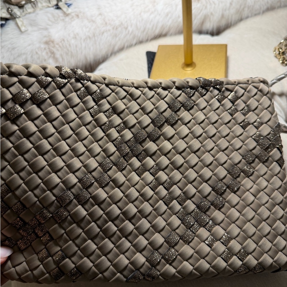 Naghedi Woven Clutch in Taupe with Metallic Accents - Picture 2 of 5